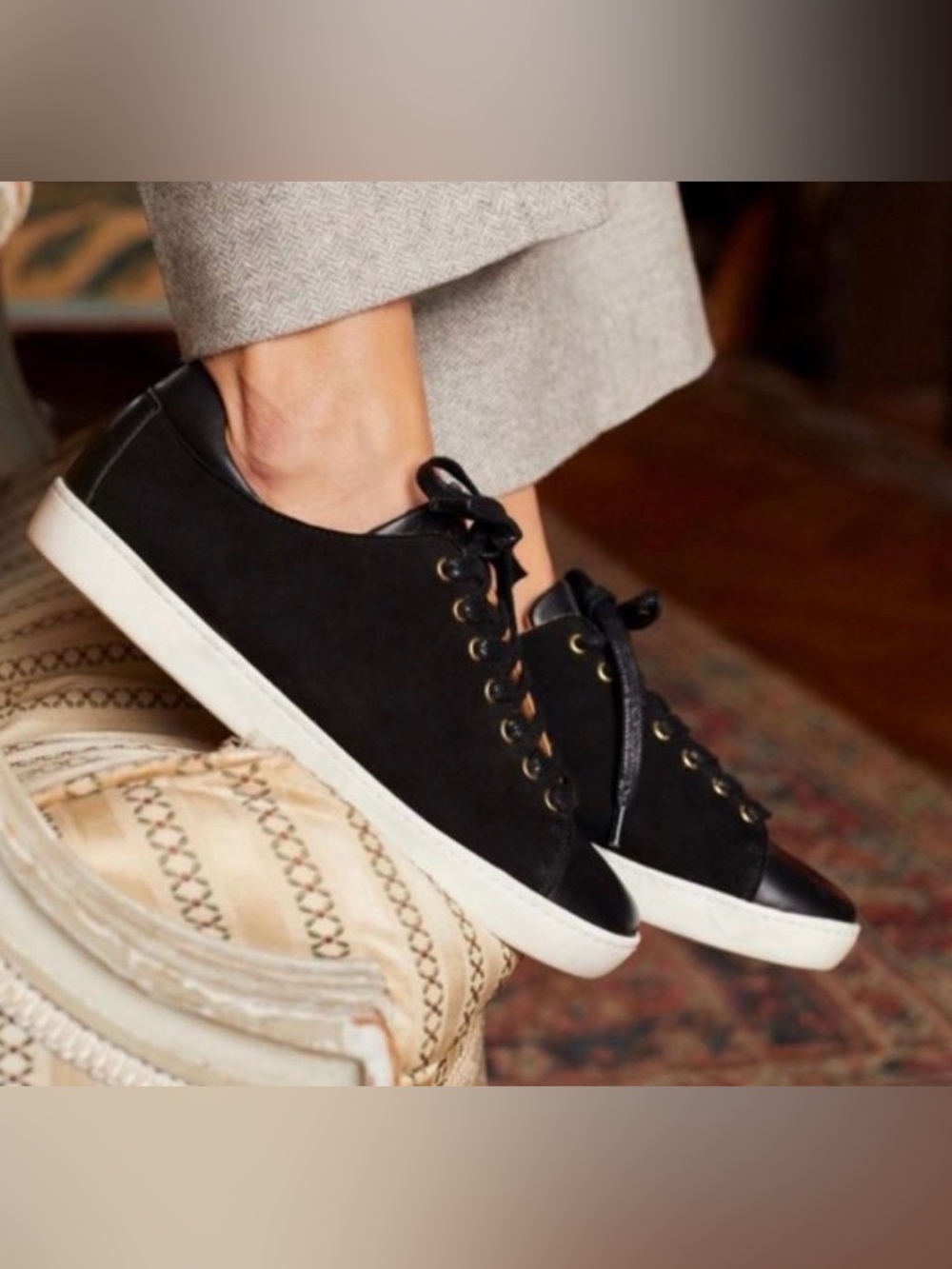 Sézane Jack Trainers Cowhide Leather Goatskin Suede Lace Up Sneaker Black Sz. 11